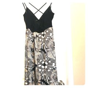 Strappy black and silver dress, satin skirt